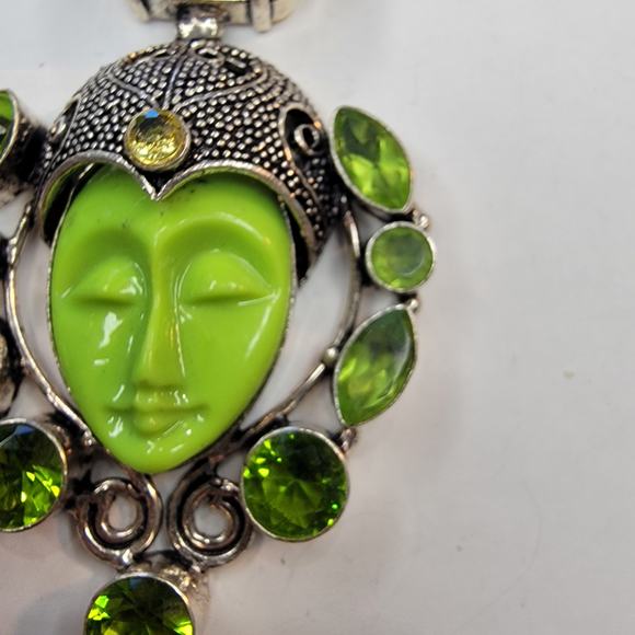 Sterling Silver Pendant with Green Carved Face and Lemon Quartz Accents - Picture 2 of 13